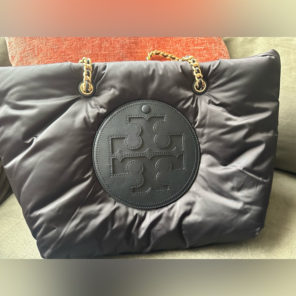 Authentic Tory Burch Black Nylon puffer Tote with Gold Chain